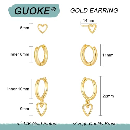 3 Pairs Earring Stacks, Gold Earring Set Jewelry Gift for Women | Small, 14K Gold/White Gold/Black/Rose Gold Plated, Hypoallergenic, Her, Everday, Stackable, Simple, 3 Holes - color: Gold-Open Heart