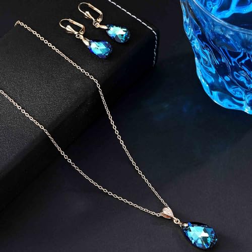Austrian Crystals Teardrop Pendant Necklace Earrings for Women 14K Gold Plated Hypoallergenic Leverback Drop Dangle Earrings Jewelry Set - color: Bermuda Blue