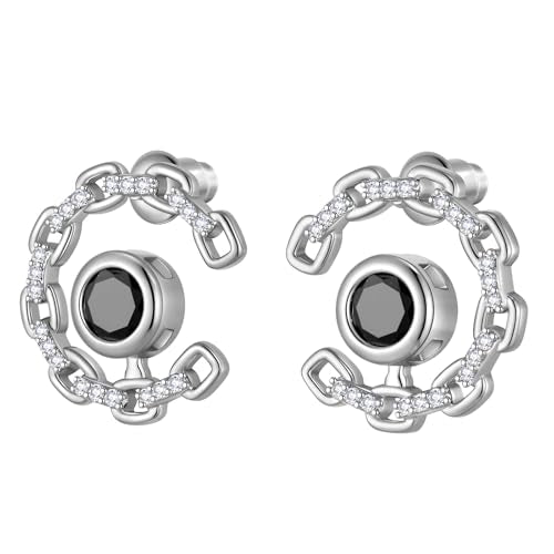 Elegant C-Shaped Crystal Stud Earrings with Birthstone Earring Silver Plated Fashion Jewelry for Women CE0003 - color: Black