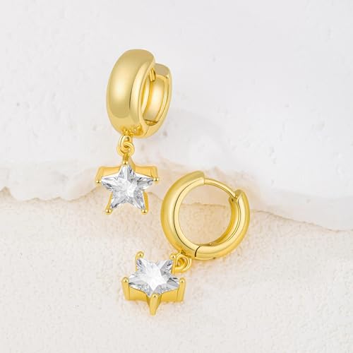 Chunky Gold Huggie Cz Dangle Earrings for Women | Hoop Huggies Dangly, Cubic Zirconia Drop Earring, Diamond Crystal Charm, Statement Dangling Earrings, Jewelry Gifts - color: Gold-Star