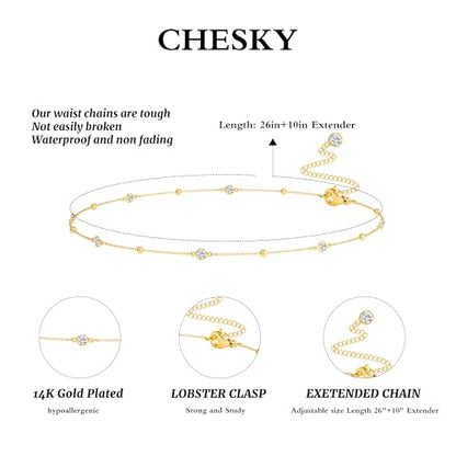 CHESKY Waist Beads for Women, Dainty 14k Gold Plated Waist Chain Beach Accessories Cute Belly Chain Body Chain Gold Chain Belts for Women Summer Beach Jewelry for Womens Gifts Rave Outfits for Womens - style: CZ beads-gold