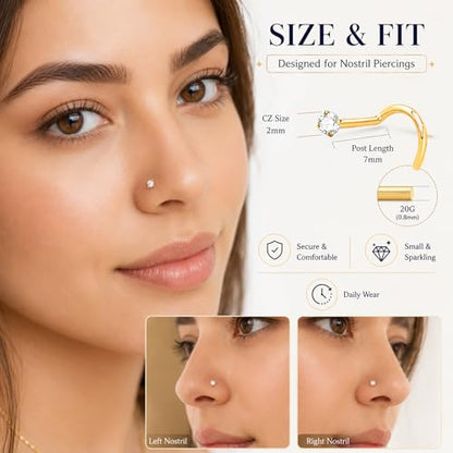 20G Nose Rings for Women, L Shaped Nostril Piercing Studs | 316L Stainless Steel, 0.8 mm×7 mm, 2 mm CZ or 3-4 mm Heart, Star, Moon and Cross, Gold-Tone or Silver-tone, Daily Wear - style: Sunlight Gold