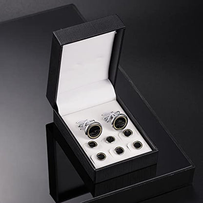 wynameleri Mens Cufflinks and Studs Set Blanks Round 4 Colors Shirt Tuxedo Buttons Packed in Cufflink Box for Business Wedding Jewelry - color: Black