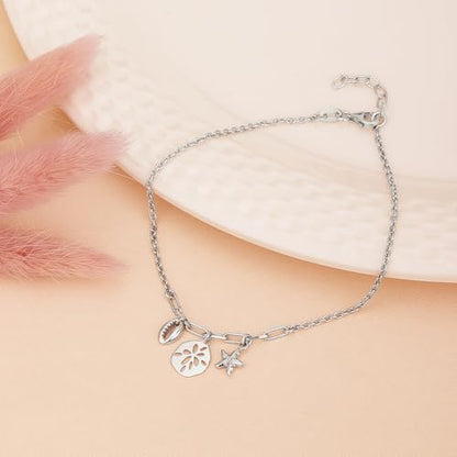 Vanbelle Sterling Silver Jewelry - Rhodium Plated with 925 Stamp - Sea Theme Dangling charm Anklet - Stylish Beautifully Designed for Women - 9" long + 1" extender