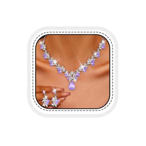Rhinestone Bridal Wedding Jewelry Sets Gold Necklace Earrings Set Leaf Prom Formal Costume Jewelry Set for Women and Brides - color: Purple