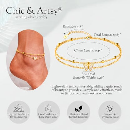 CHIC & ARTSY 925 Sterling Silver Ankle Bracelets for Women, Adjustable Layered Foot Chains with Nature & Symbol Charms, Lightweight Comfort Fit Boho Beach Everyday Jewelry - color: Butterfly/18K Gold Plated Silver