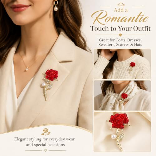 Brooch Pin for Women Rhinestone Peacock Crystal Delicate Animal Brooch Lapel Pins Girls Fashion Jewelry Gift for Christmas Brooch Birthday Jewelry Gift - style: Red Rose