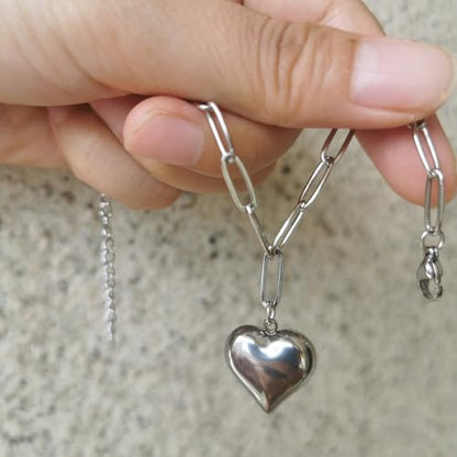 Stainless Steel Puffy Heart Charms Paperclip Chain Bracelet | Paper Clip,for Women,Love - color: Silver Color