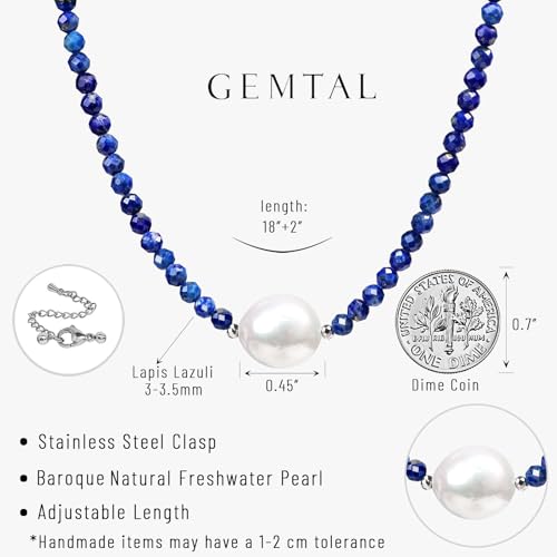 Single Pearl Choker Pendant Necklaces for Women, Natural Gemstone Womens Black Stone Beaded Choker Necklace, Dainty Round Freshwater Pearl Handmade Jewelry Gift Women Birthday Bridesmaids Anniversary 16 18 inch - color: 06-Lapis Lazuli, size: 18"