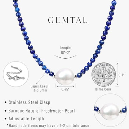 Single Pearl Choker Pendant Necklaces for Women, Natural Gemstone Womens Black Stone Beaded Choker Necklace, Dainty Round Freshwater Pearl Handmade Jewelry Gift Women Birthday Bridesmaids Anniversary 16 18 inch - color: 06-Lapis Lazuli, size: 18"