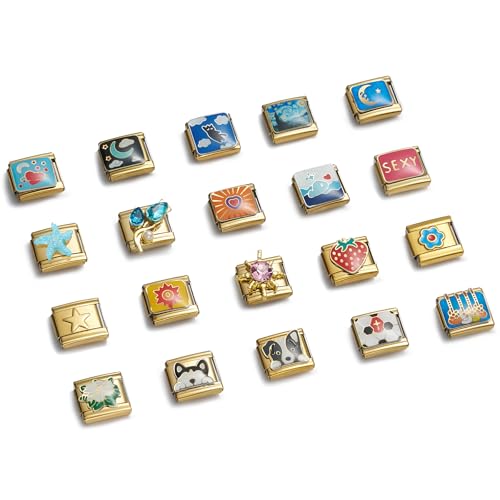 Stainless Steel Italian Charm Bracelet, 18 Link Starter Bracelet 9mm Charms | Italian Charm Bracelet with 9Pcs/20Pcs Charms and Opening Tools, Classic 9mm Modular Charm, Personalized Jewelry Gift - color: Random 20Pcs Gold