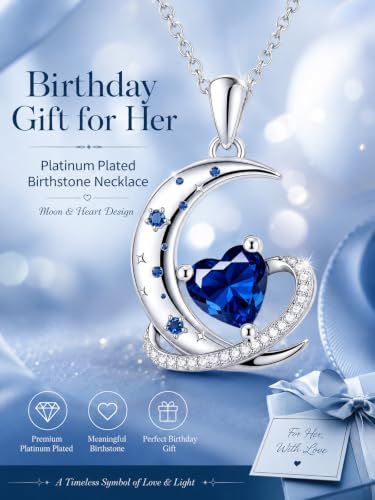 Birthstone Necklace for Women White Gold Moon and Star Pendant Moon Jewelry Anniversary Birthday Gifts for Mom Wife Her - color: 09. September - Sapphire