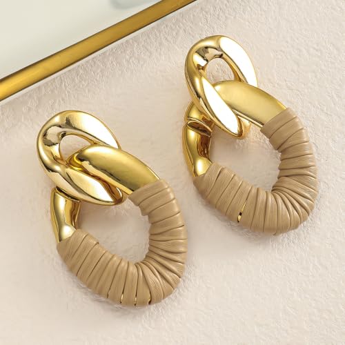 Chunky Gold Acrylic Chain Statement Earrings for Women,Exaggerated Thick Chain Artificial Leather Wrap Dangle Earrings Trendy Geometric Ear Jewelry - color: Brown