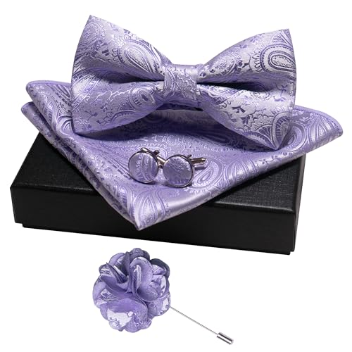 JEMYGINS Mens Paisley Bow Tie and Lapel Pin Necktie Pocket Square and Tie Clip with Sets for Business Casual 4PCS - color: Lavender