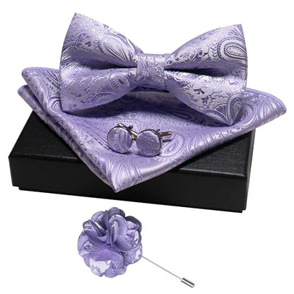 JEMYGINS Mens Paisley Bow Tie and Lapel Pin Necktie Pocket Square and Tie Clip with Sets for Business Casual 4PCS - color: Lavender