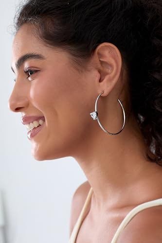 Large Gold Hoop Earrings for Women 14k Gold Plated with 925 Sterling Silver Post Big Open Hoops Earrings Trendy Cubic Zirconia Heart Hoop Earrings Jewelry Gifts for Women - color: silver 50mm