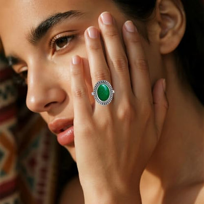 Retro Sterling Silver Stone Ring,Antique Natural Real Oval Crystal Quartz Gemstone Boho Bohemian Ring Jewelry for Women - color: A17_Emerald