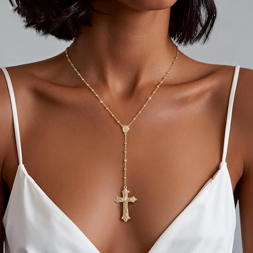 CHESKY Lariat Necklace for Women，14k Gold/Sliver Plated Layered Necklace | Gold/Sliver Long Necklace，Dainty Cross Pendant, Wedding Y-Shaped Drop Chain, Waterproof Jewelry Gift for Women Everyday Wear - style: Crossbead