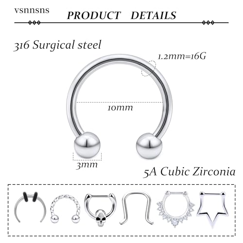 Vsnnsns 16G Septum Rings Piercing Jewelry 316L Stainless Surgical Steel Skull Flower Dangle Clicker Horseshoe Septum Nose Rings Hoop Piercing Jewelry for Women Men Silver Black Rose Gold 10mm - color: Silver