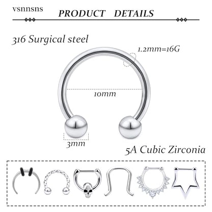 Vsnnsns 16G Septum Rings Piercing Jewelry 316L Stainless Surgical Steel Skull Flower Dangle Clicker Horseshoe Septum Nose Rings Hoop Piercing Jewelry for Women Men Silver Black Rose Gold 10mm - color: Silver