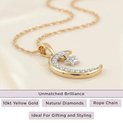 Jewelili 10K Yellow Gold Moon & Star Diamond Pendant Necklace for Women, 1/10 CTTW Natural White Round Diamonds, 18" Gold-Filled Rope Chain, Gift Box Included