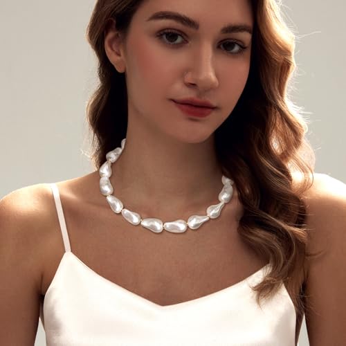 Zeffy 14K Gold/Silver Plated Chunky Thick Chain Toggle Clasp Necklace Dainty Baroque Pearl/Heart/Cross/Turquoise Pendant Necklace - color: Gold Baroque Pearl Choker