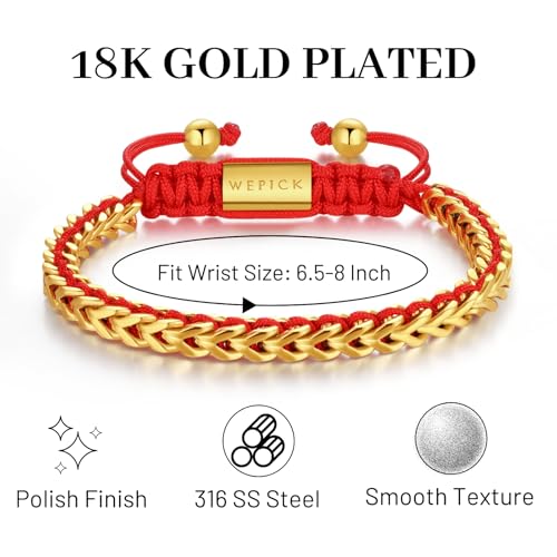 18K Gold-Plated Bracelets for Men Franco Link Chain Adjustable | Stainless Steel Bracelet, Gold Beads Bracelet, Handcrafted Braided, Mens Jewelry Birthday Gift for Men - color: Gold with Red