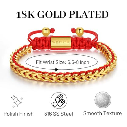 18K Gold-Plated Bracelets for Men Franco Link Chain Adjustable | Stainless Steel Bracelet, Gold Beads Bracelet, Handcrafted Braided, Mens Jewelry Birthday Gift for Men - color: Gold with Red