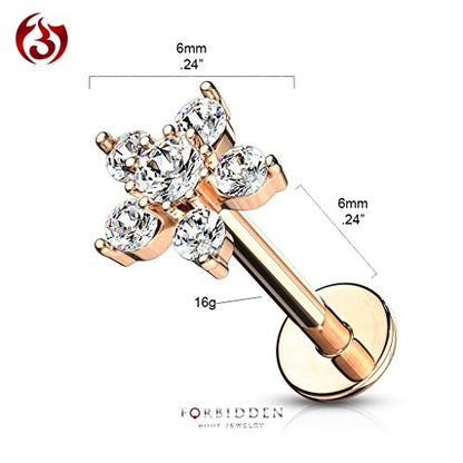 Forbidden Body Jewelry 16g 6-8mm Internally Threaded Surgical Steel Cartilage/Tragus/Labret/Monroe Stud w/Double Tier Floral Top - style: Clear (Rose Gold)