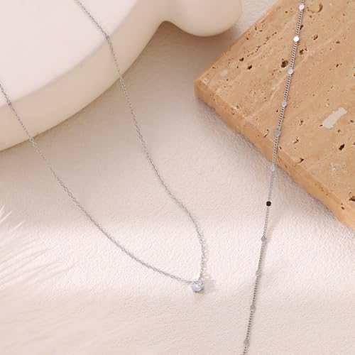 Layered Choker Necklace for Women Stackable Chain Dainty Zircon Pendant Set | 2PCS, Silver/14K Gold Plated, Box/Ball/Rope/Lip chain, Layering Diamond Cut CZ Pendant, Dainty Thin Chain, Trendy Prom Gift - color: Silver, style: Style 03