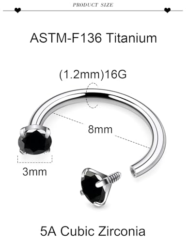 16G F136 Titanium Internal Thread Horseshoe Septum Nose Ring Piercing Jewelry Circular Barbell Helix Snug Tragus Rook Daith Cartilage Earring Lip Ring Piercing Jewelry for Women Men 8MM 10MM - style: 16G, 8MM Length, Black CZ