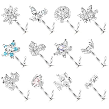 35-70 PCS 18G 20G Nose Rings for Women & Men - Gold Hoops, L Shape, Studs & Screw - 316L Surgical Stainless Steel - color: Silver-Clear CZ-20G-12pcs