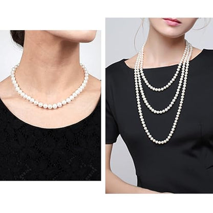 Long Pearl Necklaces for Women Cream White Faux Pearl Strand Layered Necklace Costume Jewelry - color: 6MM choker+ 8MM long