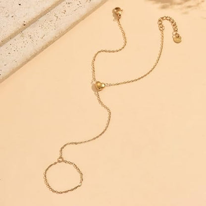 Gold Hand Chain Bracelet for Women 18K Gold Plated Stainless Steel Ring Bracelet Hand Chain with Pearl Star CZ Adjustable Hand Jewelry Chain Gifts - color: Y Heart-Gold
