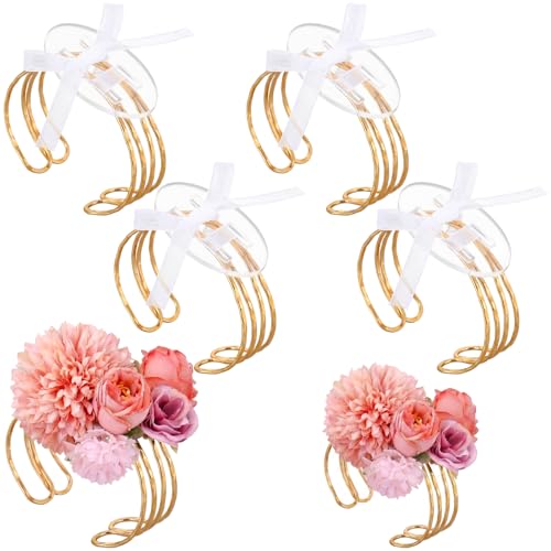 Hotop 4 Set Cuff Corsage Bracelets for Women Hammered Wrist Corsage Adjustable Cuff Bangle with Ribbon Minimalist Stackable Jewelry for Wedding Bridesmaid Bridal Party Prom - color: Gold, style: Layered Hammered