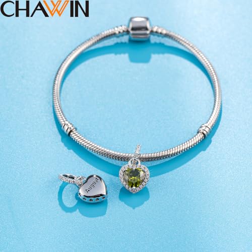 CHAWIN Birthstone Charms, 925 Sterling Silver Heart Dangle Charm, Sparkling CZ Compatible with Pandora Charm Bracelet, Necklace, Birthday Gifts for Women/Wife/Mother - style: 08# August