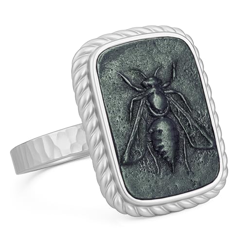 925 Sterling Silver Two Tone Hammered Artemis Honey Bee Coin Signet Ring | Handcrafted Artisan Design, Ancient Queen Bee Heritage, Heirloom Quality, Timeless Keepsake for Meaningful Gifting - color: 02-Sterling Silver Ring - Oxidized Coin