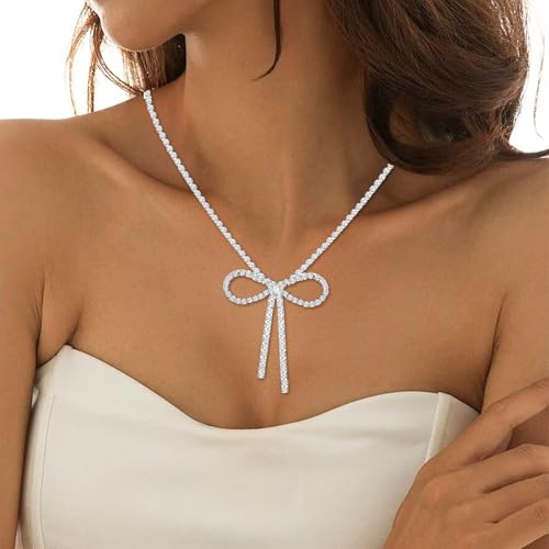 NEWITIN 4 Pieces Crystal Jewelry Set for Women Wedding Costume Accessories | Hypoallergenic, Cubic Zirconia, Necklace Earrings Bracelet, Tennis, Silver Jewelry for Wedding Bride Bridesmaid Party Prom - color: Silver Bow