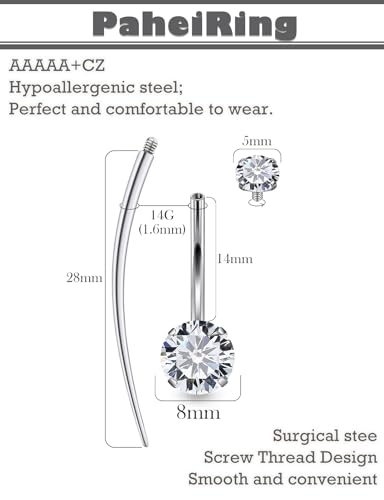 Long Belly Button Ring 6mm 8mm 10mm 12mm 14mm Surgical Stainless Steel Round Cubic Zirconia Navel Barbell Long Bar Belly Button Piercing Jewelry Silver, black, rose gold belly ring - color: 14mm Round & Heart Zircon Curved Piercing Jewelry