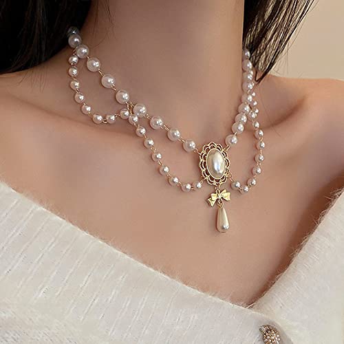 Women Bridal Vintage 1920s Imitation Pearl Necklace Layered Tassels Shiny Bow Choker Necklace Fashion Simple Necklaces for Women Party