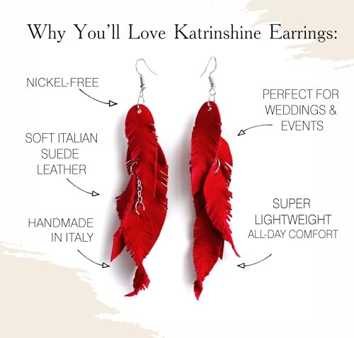 Leather Feather Earrings, Suede layered earrings, boho wedding jewelry, summer earrings, gift for her, dangle earrings - color: red