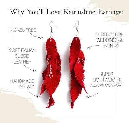 Leather Feather Earrings, Suede layered earrings, boho wedding jewelry, summer earrings, gift for her, dangle earrings - color: red