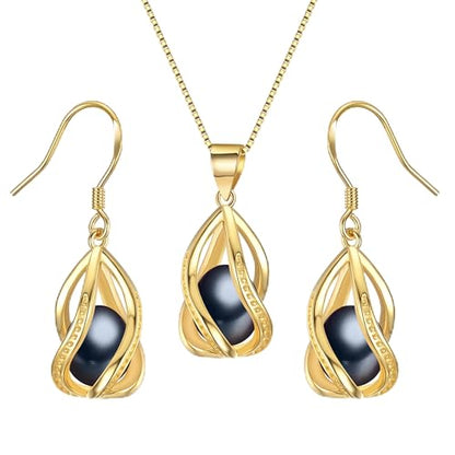 Pearl Jewelry Set For Women S925 Sterling Silver/14K Gold Plated Necklace & Earrings Set Freshwater Pearl Pendant Cage Set for Wedding Anniversary Prom Birthday Gift - color: Golden-Black