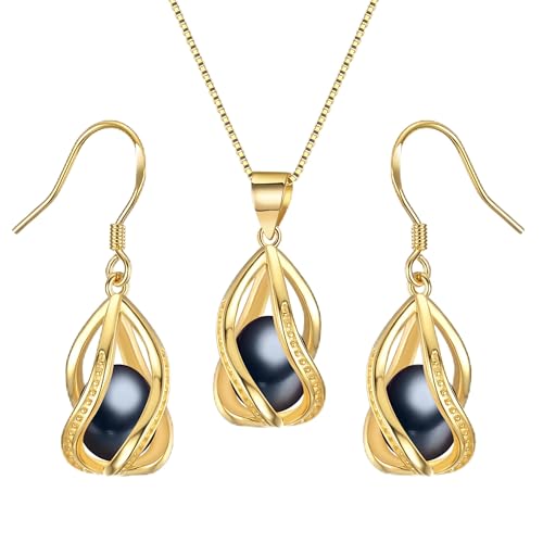 Pearl Jewelry Set For Women S925 Sterling Silver/14K Gold Plated Necklace & Earrings Set Freshwater Pearl Pendant Cage Set for Wedding Anniversary Prom Birthday Gift - color: Golden-Black