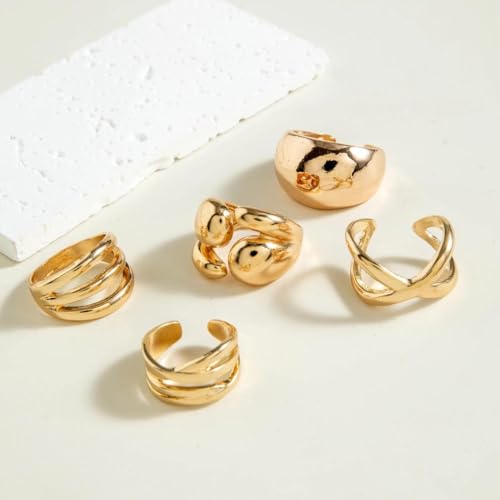 Gold Plated Geometric Chunky Water Drop Ring Set for Women,Open Adjustable Twisted Stacked Knuckle Finger Ring Set Punk Party Jewelry Accessories Gift - color: Gold