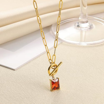 Diamond Necklaces for Women Natural Stone Paperclip Toggle Necklace 14K Gold Plated Emerald Birthstone Necklace for Women Paper Clip Chain Blue Green Cubic Zirconia Pendant Birthday Gifts for Women Mother Jewelry - color: 01. January(Garnet)