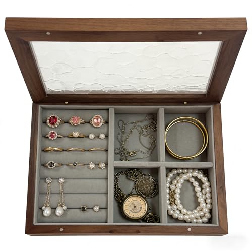 Wooden Jewelry Box with Glass Lid, Multi-Compartment Jewelry Display Case, Ligth Gray Velvet Lining, Walnut Brown - color: Ligth Gray Velvet Lining, Walnut Brown