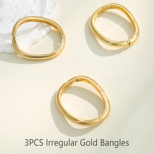 Emibele Gold Bangles for Women, 2PCS Irregular Chunky Gold Bracelet Hinged Open Bangle Bracelets for Women, Fashion Wide Arm Cuff Minimalist Chunky Jewelry Gifts for Valentine Christmas Birthday - style: K Gold