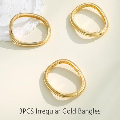 Emibele Gold Bangles for Women, 2PCS Irregular Chunky Gold Bracelet Hinged Open Bangle Bracelets for Women, Fashion Wide Arm Cuff Minimalist Chunky Jewelry Gifts for Valentine Christmas Birthday - style: K Gold