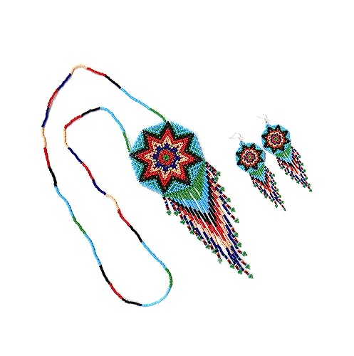 Handmade Native American Style Tribal ethnic Seed Bead Beaded Layered Medallion Necklace 4 - color: Skyblye Red & Green